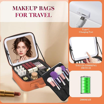 Travel Makeup Bag With LED Mirror,Cosmetic Train Case with 3 Color Setting,Cosmetic Makeup Organizer Bag with Adjustable Dividers,Portable Make up Box with Make up Brushes Holder Storage（Caramel）
