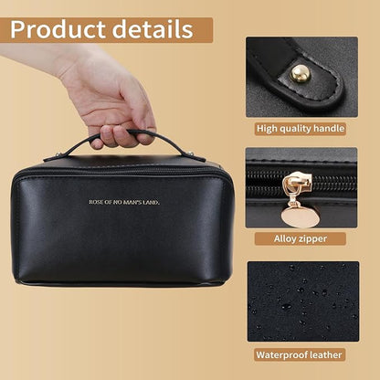 3 Pcs Travel Makeup Bag Portable Large Capacity Cosmetic Bags for Women Open Flat Makeup Case Organizer Bag Set of 3 Waterproof PU Leather Toiletry Bags with Divider and Handle (Black, Medium)