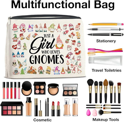 Gnome Lover Makeup Bag - Gifts for Women, Girl, Daughter, Sister, Bestie - Just a Girl Who Loves Gnomes Zipper Makeup Pouch