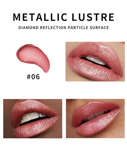 Shimmer Lipstick Long Lasting for Women with Metallic 3D Shine Hydrating Formula, Diamond Nude Glitter Lip Balm Tinted Lip Gloss High Pigmented Lip Color Nonstick Trasferproof Lip Makeup-06