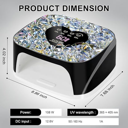 LIMEGIRL UV LED Nail Lamp Kit for Gel Polish Professional Fast Black Diamond Design Curing Dryer Light Set with 4 Timers and Gloves Cordless Rechargeable Nail Art Cure Machine at Home and Salon