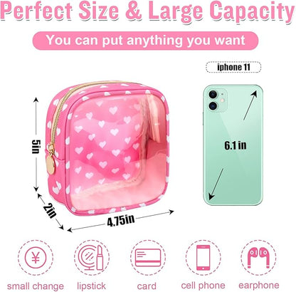 Mini Clear Travel Makeup Organizer Bag for Purse, Small Cute Preppy Pink Makeup Bag Cosmetic Zipper Pouch Purse, Transparent PVC & Nylon Waterproof Toiletry Storage Clutch for Women Girls(Pink Heart)
