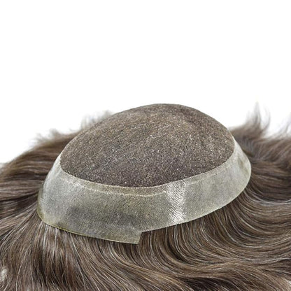 FACE MIRACLE Hair System for Men French Lace Mens Toupee Human Hair Replacement System Lace with PU Toupee for Men Male Hair Piece Wigs 8"X10" #710 7# VERY LIGHT BROWN WITH 10% SYNTHETIC GREY