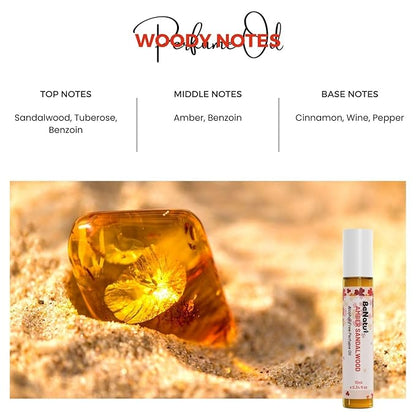 Amber Sandalwood Perfume Oil Roll On for Women and Men, Alcohol Free Eau de Parfum, Travel Size Essential Oil Body Fragrance, Concentrated Long Lasting Spicy Woody Scent, 10 ml