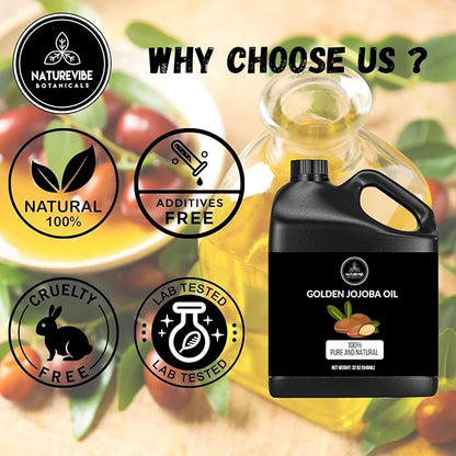 Naturevibe Botanicals Golden Jojoba Oil 32 oz – 100% Pure, Cold-Pressed Moisturizer for Skin & Hair | Antioxidant-Rich, Non-Greasy, Carrier Oil & Daily Hydration