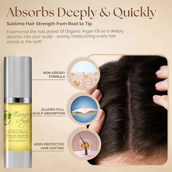 Essence Of Argan Moroccan Argan Oil for Hair, Skin & Nails - Natural Eco-Certified Cold Pressed Oil for Skin Moisturization - Non-Greasy Formula for Hair and Nail Growth - 1.7 Oz /50ml
