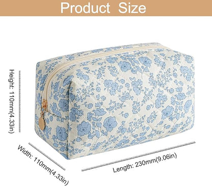 Makeup Bag Travel Cosmetic Bag for Women Girls, Zipper Make Up Pouch, Floral Flowers Toiletry Organizer Makeup, Portable Storage Bag, Cosmetic Travel Cloth Bag (Blue Floral+Navy Blue Flower)