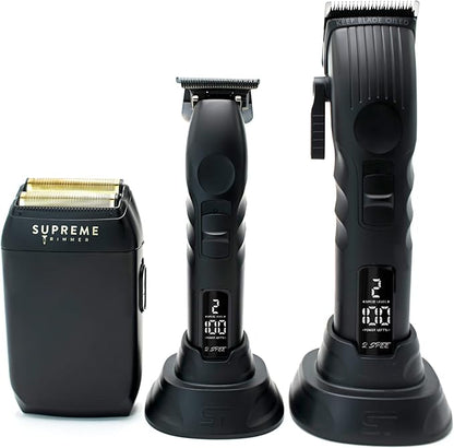 Supreme Trimmer 3-in-1 Barber Bundle | 2Spee Clipper, 2Spee Trimmer & Crunch Foil Shaver | Professional Beard Trimmer Men’s Hair Clipper Kit | (Black)