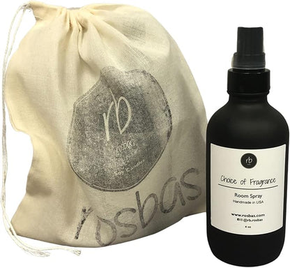 Rosbas Room Spray, Vanilla Scented, Matte Black Glass Bottle, 4 oz, Drawstring Cotton Bag, Long Lasting Scented Air Freshener, Non-Aerosol, Handmade in the USA