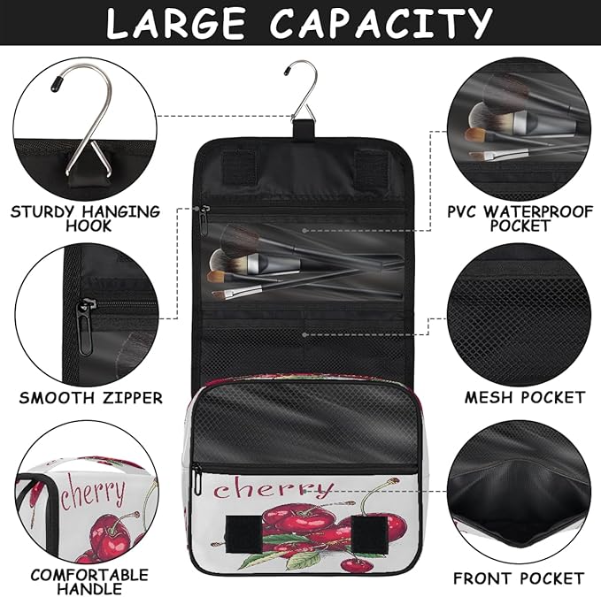 Travel Toiletry Bag for Women & Men Modern Fruit Cherry Hanging Cosmetic Organizer Portable Waterproof Makeup Case Make Up Bag with Compartments Travel Essentials for Bathroom Shower
