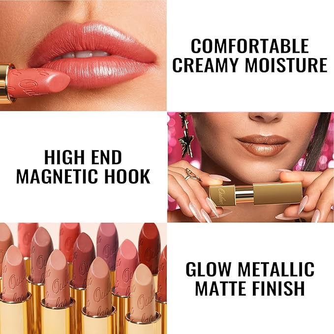 Oulac Matte Coral Lipstick with Glow Metallic Finish - Vegan Lipstick for Women, Creamy Texture, Hydrating Clean Beauty Formula, High-End Magnetic Hook Design, GM11 Aurora