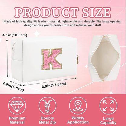Personalized Initial Letter Patch Makeup Bag, Preppy Portable Chenille Letter Cosmetic Bag with Zipper, PU Leather Waterproof Travel Toiletry Bag Monogram Make Up Pouch for Women Girls(Letter K)