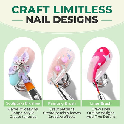UNA GELLA Nail Art Pens 6PCS Green Color Acrylic Nail Art Design Brush Set with Gel Polish Liner Brushes Double-headed Nail Dotting Tools for DIY Home Salon Manicure Design Supplies