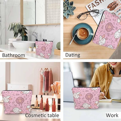 Makeup Bag For Purse Sheep, Farm Animal Weed Flower Sheep Cosmetic Bags For Women With Zipper Travel Toiletry Pouch Makeup Bags Makeup Organizers Purse For Toiletries Cosmetics