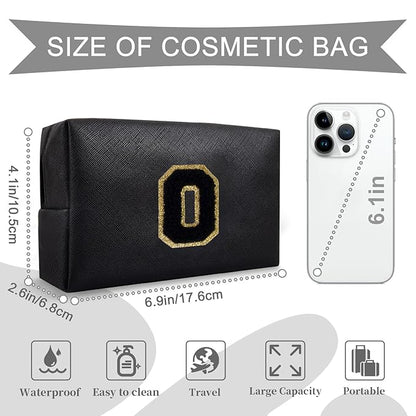Personalized Initial A-Z Preppy Patch Makeup Bag,Small PU Chenille Letter Cosmetic Bag with Zipper for Teen Girls,Black Cute Toiletry Organizer Bag,Monogram Makeup Case Gift for Women Girls,Letter O