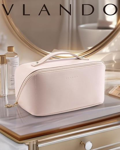 Vlando Makeup Bag,Large Capacity Toiletry Bag for Women Waterproof Portable Make up Pouch PU Leather Open Flat Cosmetic Bag(Light Pink)