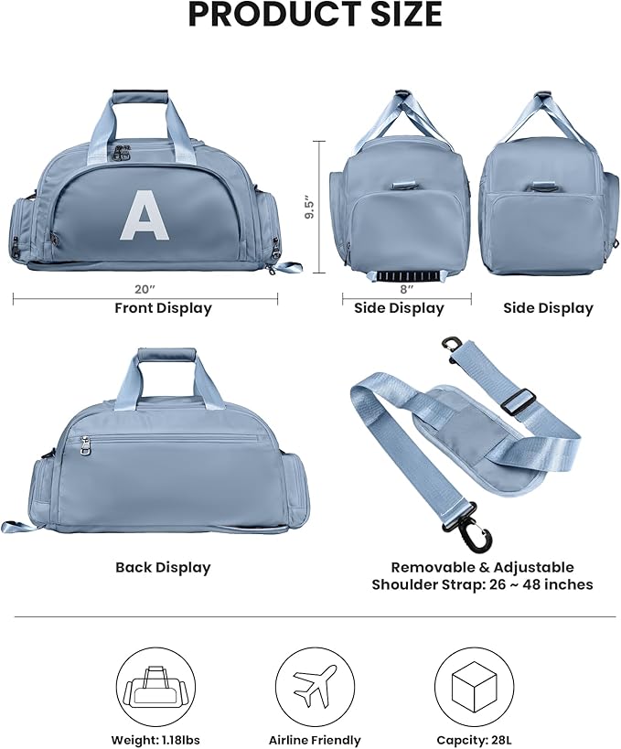 Birthday Gifts for 3 4 5 6 7 8 9 10 11 12 13 Year Olds Kids, Initial Gym Bags with Shoe Compartment, Dance Bag for Girls, Kid Overnight Bags, Small Travel Duffle Tote (Letter K)