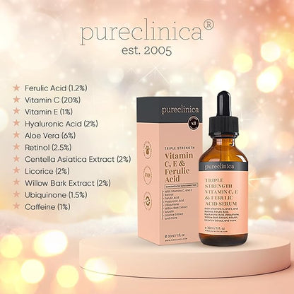 Triple Strength Vitamin C, E & Ferulic Acid Serum (w/Retinol & double weight Hyaluronic Acid) – 30ml / 1 fl oz (2 bottles)
