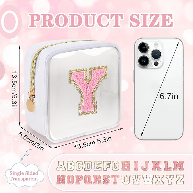 Mini Clear Personalized Initial Makeup Bag, Small Preppy A-Z Chenille Letter Patch Cosmetic Pouch, Transparent PVC & Nylon Waterproof Zip Beach Toiletry Bag,Gift for Women Girls(White-Pink Y)