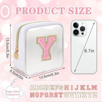 Mini Clear Personalized Initial Makeup Bag, Small Preppy A-Z Chenille Letter Patch Cosmetic Pouch, Transparent PVC & Nylon Waterproof Zip Beach Toiletry Bag,Gift for Women Girls(White-Pink Y)