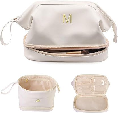 Birthday Gifts-Teen Girl Gifts Trendy Stuff Initial Large Makeup Bag for Women, Personalized Double Layer Cosmetic Bag with Makeup Brush Organizer, PU Leather Travel Toiletry Bag,Bride Gift