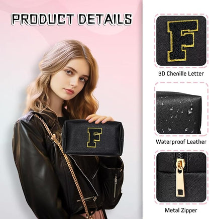 TOPEAST Preppy Stuff for Girls, Initial Makeup Bag Chenille Letter Pouch Cosmetic Bag with Zipper, PU Leather Waterproof Toiletry Bag, Cute Stuff Birthday Gift for Friends Sister (Black T)