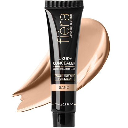 Fièra Luxury Concealer & Foundation with Anti-Aging Ingredients - Full Coverage for Dark Circles, Wrinkles, Fine Lines, and Spots, All-Day Wear For Mature Skin - Sand, 0.5 FL. OZ. / 15 ML