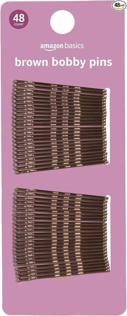 Amazon Basics No Slip Bobby Pins, 48 count, Brunette Brown, High Gloss Bobby Pins for Pain Free, Comfortable, All-Day Styling and Up Dos. For All Hair Types