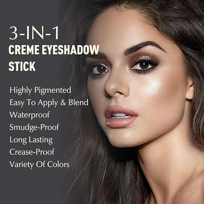 Taupe Shimmer Eyeshadow Stick, Cream Eyeshadow Long-Lasting Crease-Proof Neutral Glitter Eye Shadow Eyeliner Pencil High Pigmented Highlighter Makeup with Blending Brush & Built-in Sharpener
