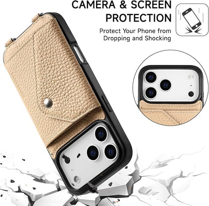 LUCKYCOIN Crossbody Wallet Phone Case for iPhone 17 Pro Max,100% Genuine Leather Wallet Phone Case with Expandable Flip Card Holder,Phone Purse for Women with Adjustable Removable Strap - Pebble Beige