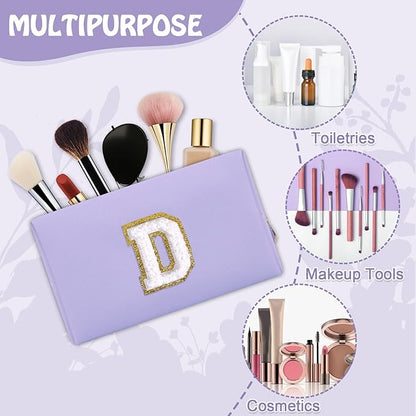 Personalized Chenille Letter Preppy Makeup Bag, Mini Cute Purple Initial Cosmetic Bags Travel Toiletry Zipper Pouch Makeup Storage, Waterproof Make Up Case Travel Essentials for Women Female(Letter D)
