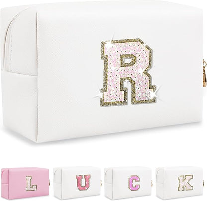 Personalized Initial Letter Makeup Bag, Small Glitter Letter Patch Cosmetic Pouch Zipper, Preppy Makeup Organizer PU Waterproof Travel Toiletry Bag,Monogrammed Birthday Gift for Women Girls(Letter R)