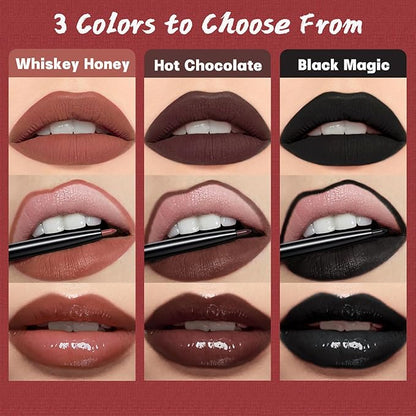 QiBest 3-in-1 Dark Red Lipstick Set for Women & Teen Girls, Matte Liquid Lipstick + Lip Gloss + Gel Lip Liner Pencil Trio Lip Gift Kit for 24 Hours Long Lasting & Waterproof Lip Makeup (Hot Chocolate)