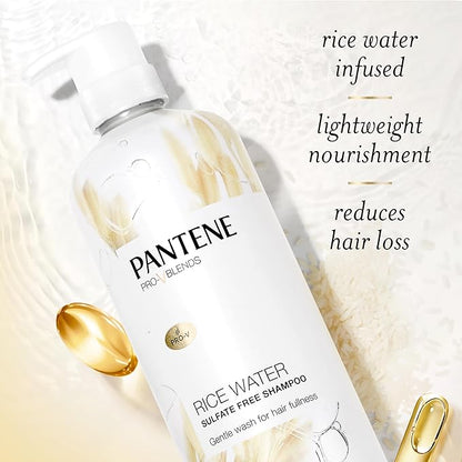 Pantene Sulfate Free Shampoo with Rice Water, Protects Natural Hair Growth, Volumizing, for Women, Nutrient Infused with Vitamin B5, Safe for Color Treated Hair, Pro-V Blends, 30.0 oz