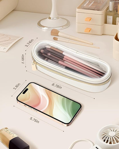 Clear Travel Makeup Brush Holder, Leather Makeup Brush Toiletry Bag, Portable Cosmetic Brush Case, Transparent Waterproof Makeup Brush Storage Bag, White, Large