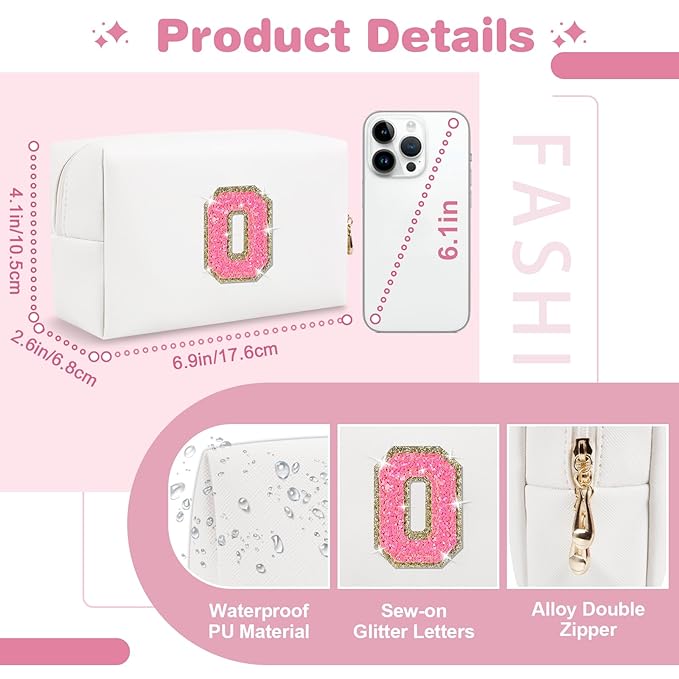 Small Personalized Initial A-Z Patch Makeup Bag,White Cute PU Leather Glitter Letter Cosmetic Bag for Teen Girls,Travel Toiletry Bag with Zipper,Preppy Monogrammed Birthday Gift for Daughter Niece O