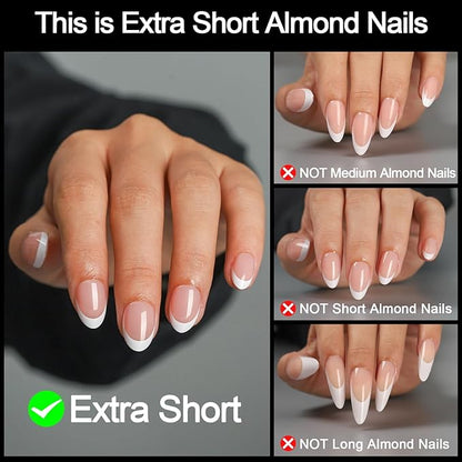 16 size white french tip almond press on nails for women,32 pcs super short petite oval nails with glue and stick ，nude french