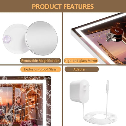 Hasipu Vanity Mirror with Lights, 32" x 24" LED Makeup Mirror, Lighted Makeup Mirror with Dimmable 3 Modes, Touch Screen Control Vanity Mirror Square White