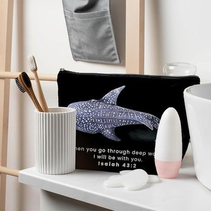 Whale Shark Christian Makeup Bag Pouch, Christian Shark Gifts for Women, Bible Verse Gifts Isaiah 43:2, When you go through deep waters I will be with you(black)