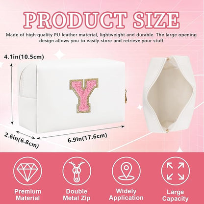 Personalized Initial Letter Patch Makeup Bag, Preppy Portable Chenille Letter Cosmetic Bag with Zipper, PU Leather Waterproof Travel Toiletry Bag Monogram Make Up Pouch for Women Girls(Letter Y)