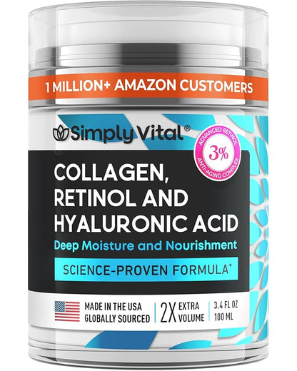 SimplyVital Collagen, Retinol & Hyaluronic Acid Cream - Anti-Aging Retinol Cream for Face, Neck & Décolleté - Made in USA - Daily Moisturizer Face Cream - 3.38 fl oz