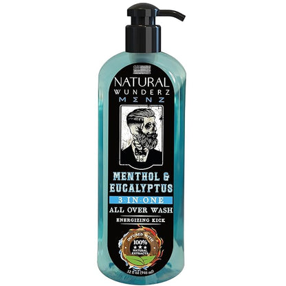 Mens Body Wash with Menthol & Eucalyptus, 32 Fl Oz, All Natural 3-In-1 Body Scrub and Liquid Soap for Gentle Cleansing, Vegan Friendly, Sulfate Free, and Cruelty Free
