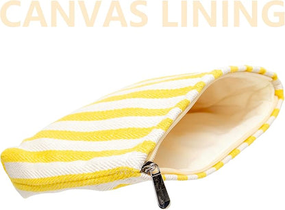 PAZIMIIK Makeup Bag Large Cotton Zipper Pouch for Purse Travel Canvas Make Up Organizer for Women Cosmetic,Stripe Yellow