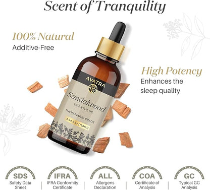 Avatra Sandalwood Essential Oil 100ML (3.38 OZ) with Glass Dropper and Travel Bottle, Pure and Natural Therapeutic Grade Sandalwood Oil for Diffuser, Aromatherapy, Massage, and DIY Candle Products