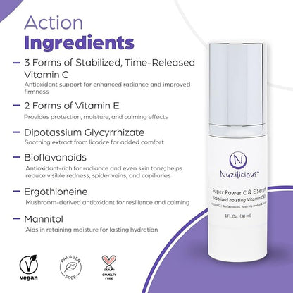 Professional Grade Super C & E Serum for Glowing Skin – Stabilized, Non-Stinging Vitamin C Formula – Vegan, Cruelty-Free, Anti-Dullness Face Serum – 1 oz