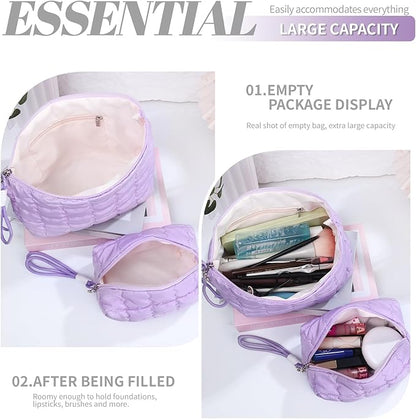 Richeart Makeup Bag Travel Toiletry Bag - Checkered Down Cotton Makeup Pouch for Women with Cosmetic and Pencil, Aesthetic Purple Design, Small