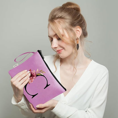 Vavabox A-Z Personalized Makeup Bag, Birthday Gifts for Women Mom, Gifts for Best Friend, Bride Bridesmaid Cosmetic bag (C, Purple)