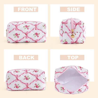 Makeup Bag Travel Toiletry Bag for Women, Small Cosmetic Bags Cute Quilted Cotton Makeup Pouch for Purse Emergency Bag for School Floral Pencil Case Accessory Bag, Bow and Floral