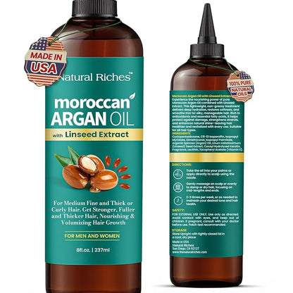 Natural Riches Moroccan Argan Oil with Linseed Extract, Hair Treatment for All Hair Types, Smooths frizz, detangles, conditions and boosts shine 8 Fl Oz