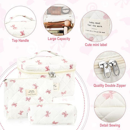 3Pcs Cotton Quilted Makeup Bag for Women Extra Large Coquette Small Floral Travel Cosmetic Bag Set Aesthetic Cute Bow Makeup Pouch Portable Toiletry Bag Puffy Essential Storage Organizer